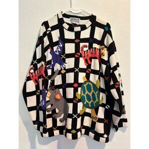 BEREK 2 Knit LARGE Checkered Safari Zoo Animal Sweatshirt Vintage